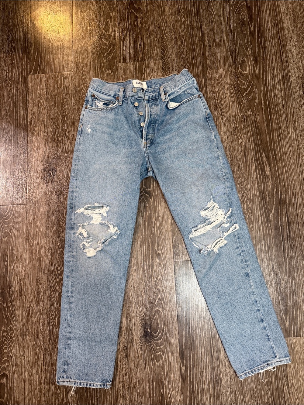 Light Blue Distressed High-Rise Button-Fly Jeans